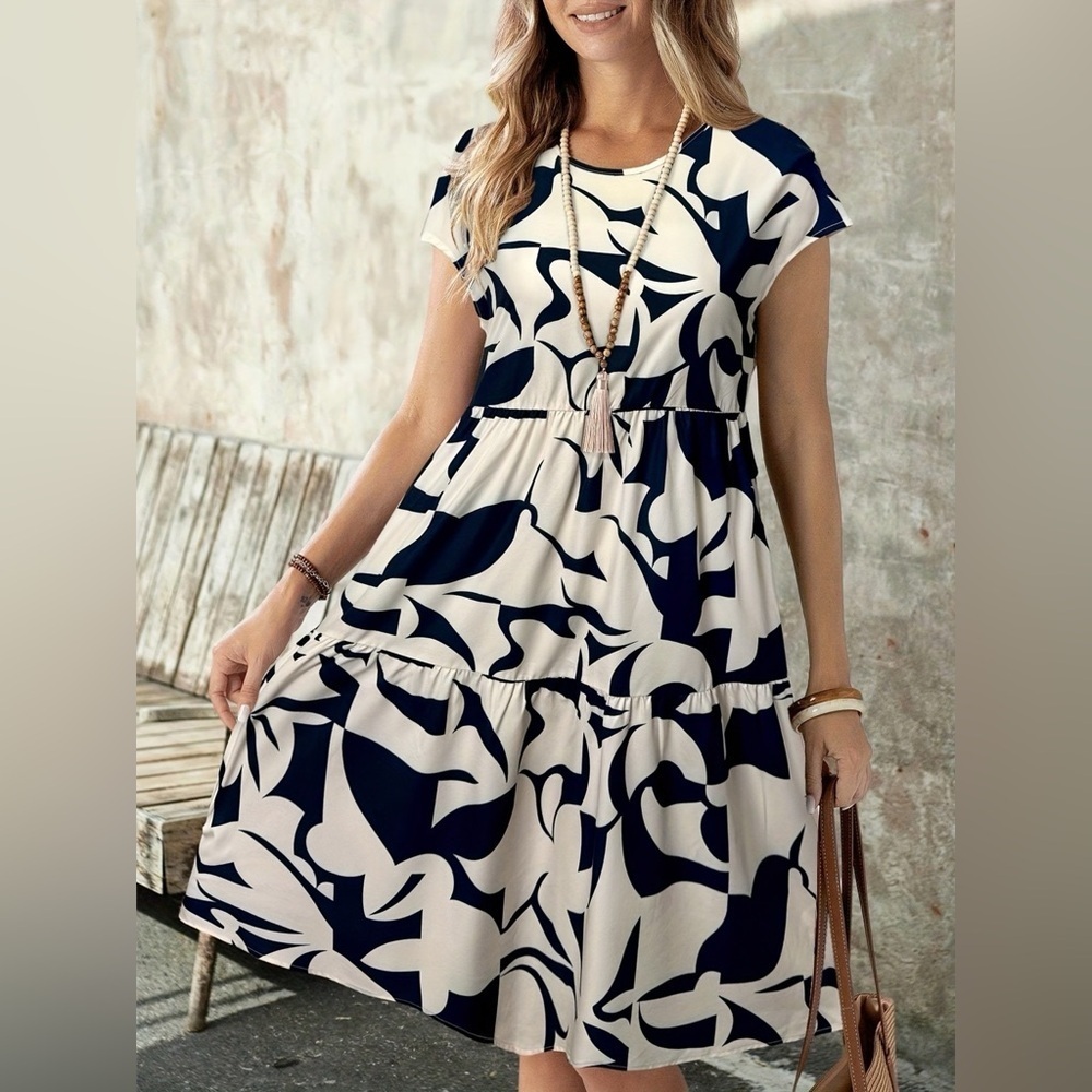 Abstract Print Tiered Short Sleeve Dress